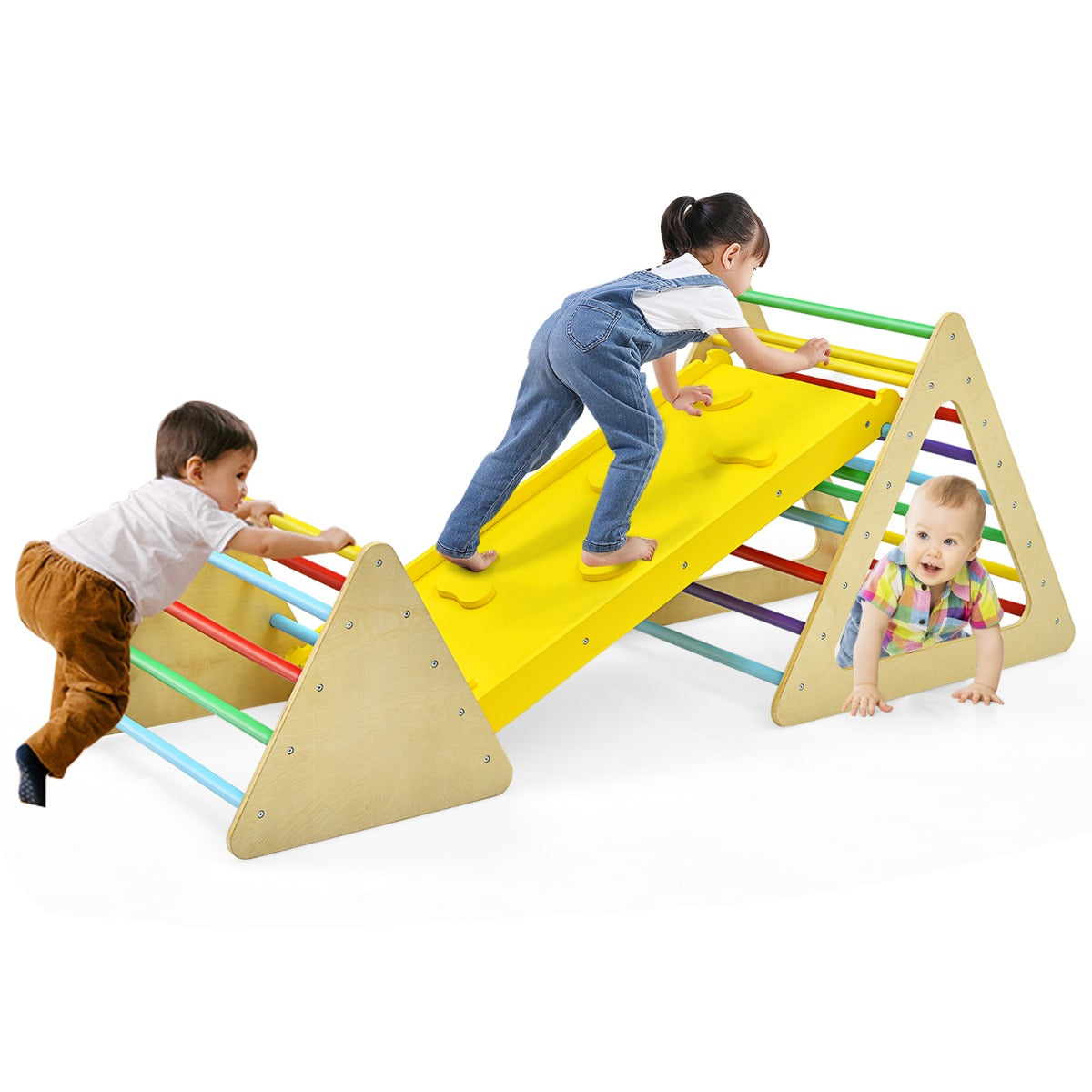 LIVSK 3-in-1 Klimdriehoek Ladder - Massief Hout - Stabiele Constructie - Voor Motoriek en Balans - Inclusief Glijbaan - Kleurrijk