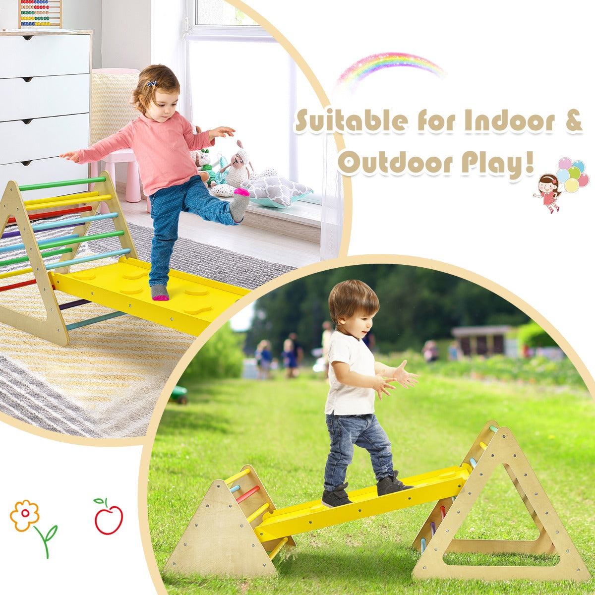 LIVSK 3-in-1 Klimdriehoek Ladder - Massief Hout - Stabiele Constructie - Voor Motoriek en Balans - Inclusief Glijbaan - Kleurrijk
