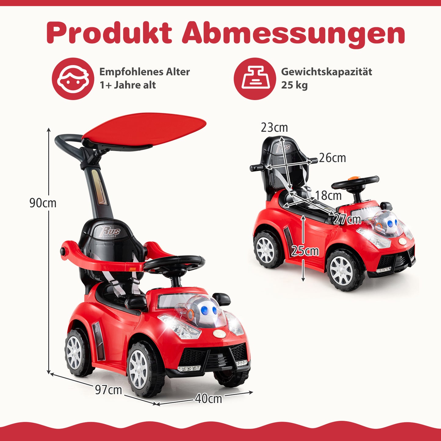 LIVSK 3-in-1 Loopauto met Duwstang - Veiligheidsgordel - Interactieve Knoppen - Opbergruimte - Voor 12-36 maanden - Rood