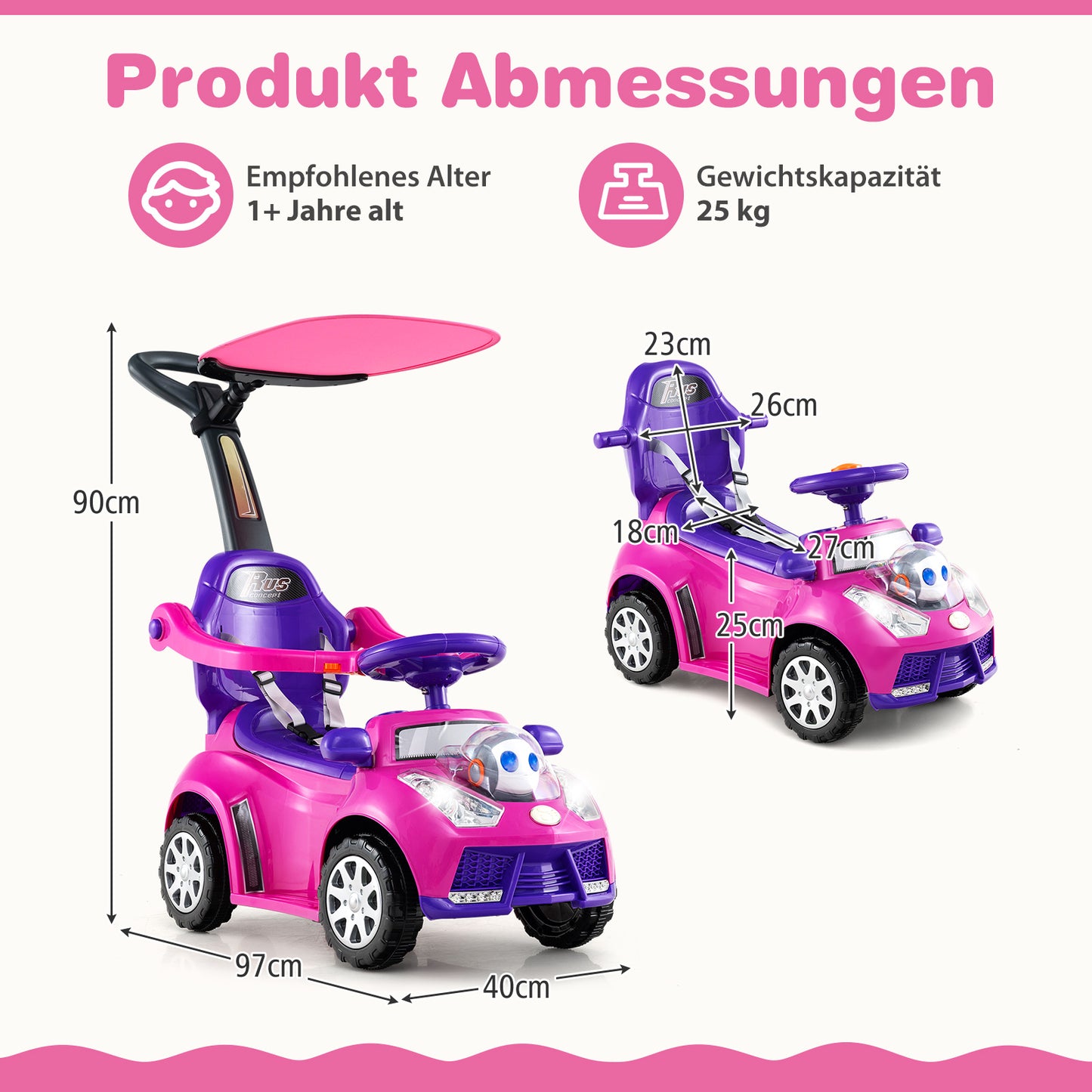 LIVSK 3-in-1 Loopauto - Realistisch Stuurwiel - Veiligheidskenmerken - Opbergruimte - Voor 1-2 jaar - Roze