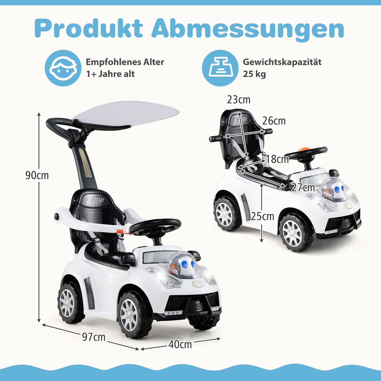 LIVSK 3-in-1 Loopwagen met Duwstang - Realistisch Stuurwiel - Veiligheidsgordel - Interactieve Knoppen - Wit
