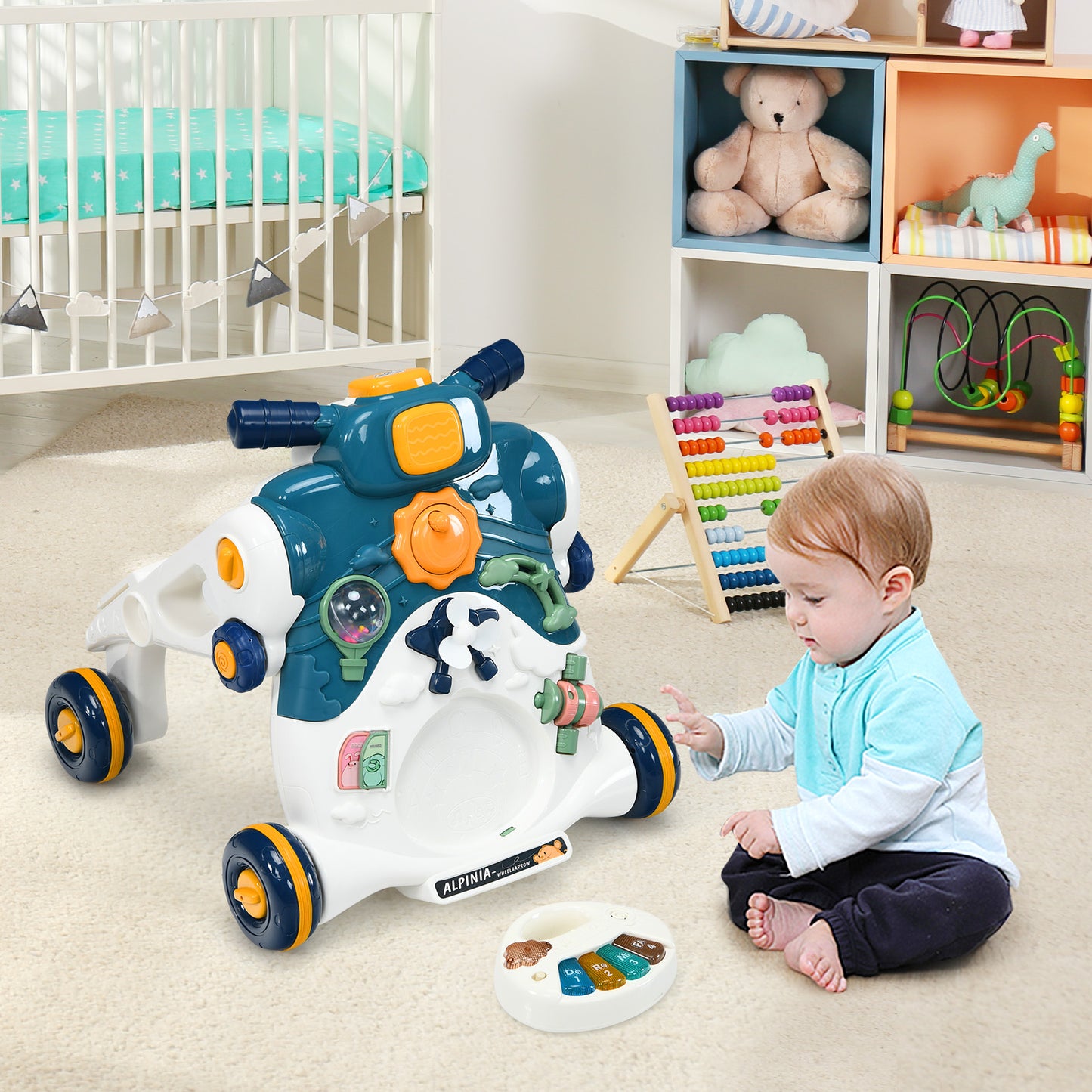 LIVSK 3-in-1 Multifunctionele Loopwagen - Duurzaam ABS en PP - Stabiliteit en Speelbord met Muziek - Voor 6-24 maanden - Blauw