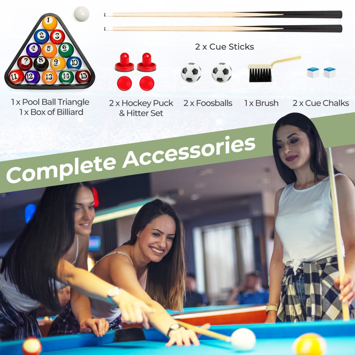 LIVSK Multifunctionele Speeltafel - Biljart, Airhockey, Tafelvoetbal - Inclusief Accessoires - 123 x 58 x 83 cm - Bruin