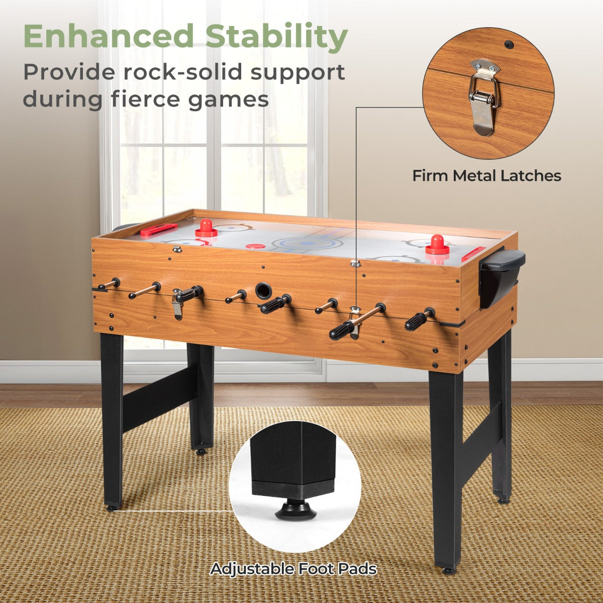 LIVSK Multifunctionele Speeltafel - Biljart, Airhockey, Tafelvoetbal - Inclusief Accessoires - 123 x 58 x 83 cm - Bruin