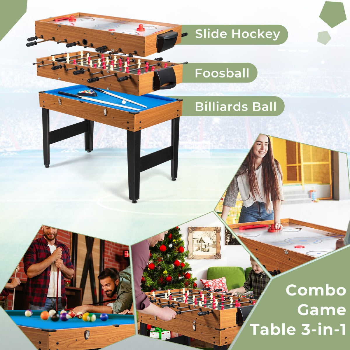 LIVSK Multifunctionele Speeltafel - Biljart, Airhockey, Tafelvoetbal - Inclusief Accessoires - 123 x 58 x 83 cm - Bruin