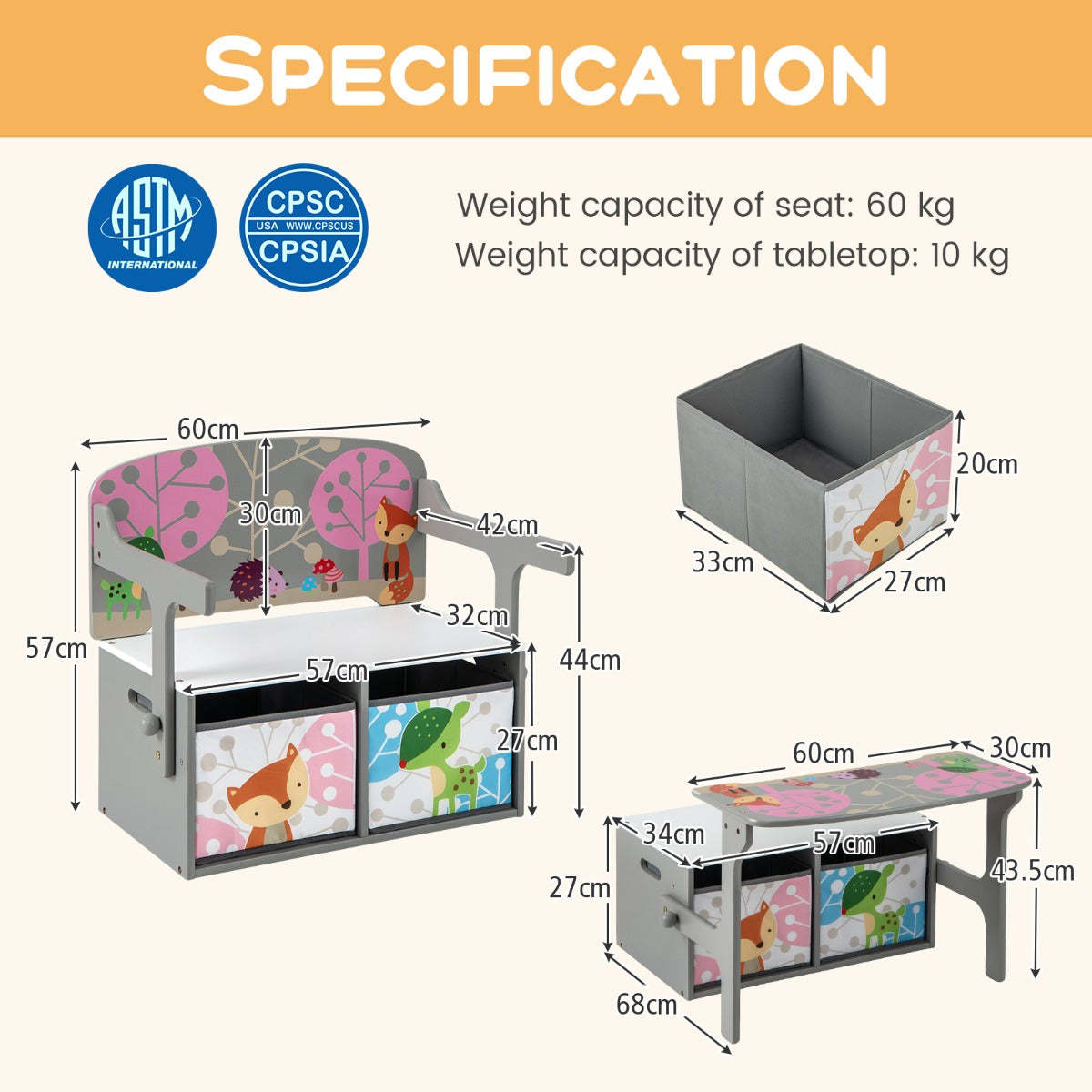 LIVSK 3-in-1 Activiteitenbank voor Kinderen - Tafel en Stoelset met Opbergbakken - Duurzaam MDF - Tot 60 kg - Grijs