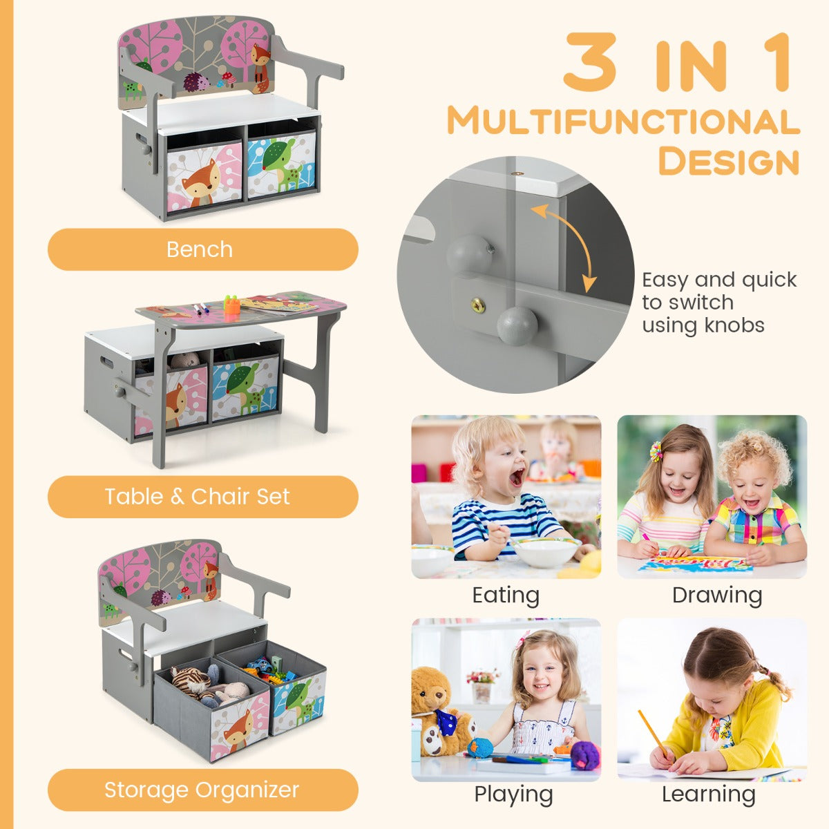 LIVSK 3-in-1 Activiteitenbank voor Kinderen - Tafel en Stoelset met Opbergbakken - Duurzaam MDF - Tot 60 kg - Grijs