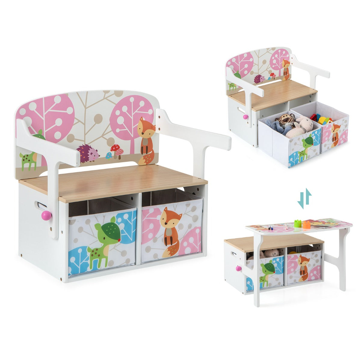 LIVSK 3-in-1 Activiteitenbank voor Kinderen - Tafel met Stoelen en Opbergruimte - Veilig MDF - 57 x 42 x 57 cm - Wit