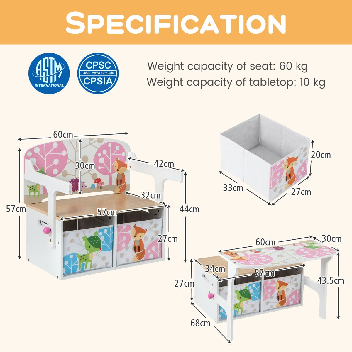 LIVSK 3-in-1 Activiteitenbank voor Kinderen - Tafel met Stoelen en Opbergruimte - Veilig MDF - 57 x 42 x 57 cm - Wit