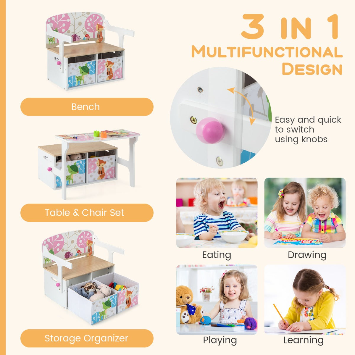 LIVSK 3-in-1 Activiteitenbank voor Kinderen - Tafel met Stoelen en Opbergruimte - Veilig MDF - 57 x 42 x 57 cm - Wit