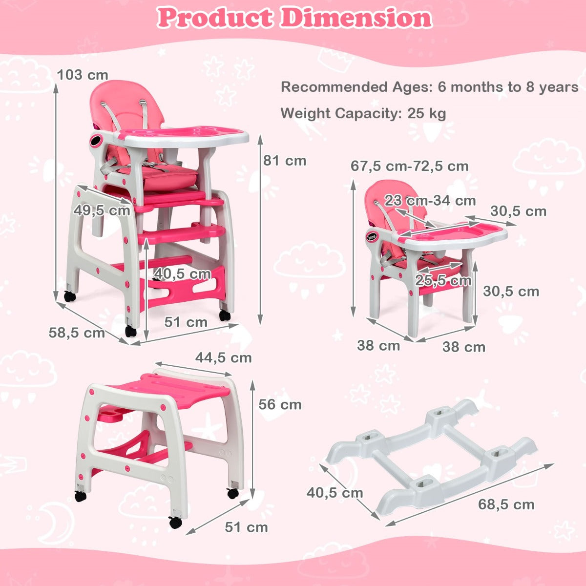 LIVSK Converteerbare Kinderstoel - 3-in-1 Design - Verstelbare Rugleuning - Dubbel Dienblad - Tot 20 kg - Grijs