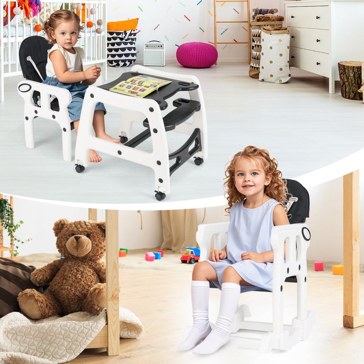LIVSK Converteerbare Kinderstoel - 3-in-1 Functie - Verstelbare Rugleuning - Dubbel Dienblad - Veiligheidsgordel - Grijs