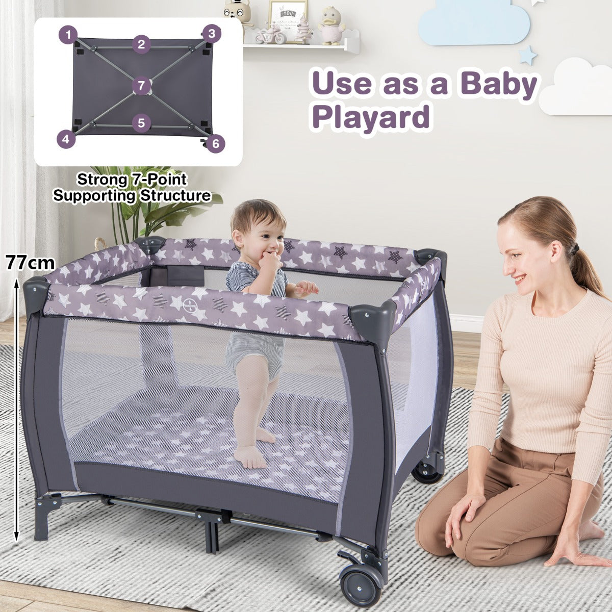 LIVSK Multifunctioneel Babyreisbed - Wieg, Verschoontafel en Speelhek - Inclusief Matras en Hangspeelgoed - Grijs