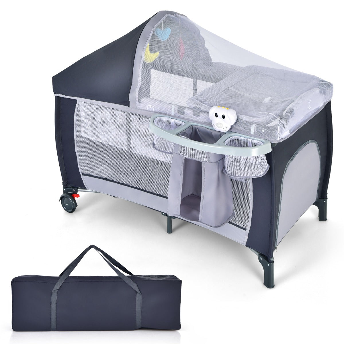 LIVSK 3-in-1 Draagbaar Babybedje - Wieg, Luiertafel en Activiteitencentrum - Afneembaar Net met Speeltjes - Muziekdoos - Grijs
