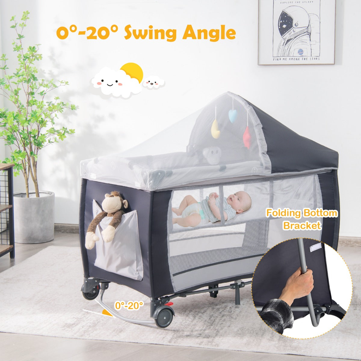 LIVSK 3-in-1 Draagbaar Babybedje - Wieg, Luiertafel en Activiteitencentrum - Afneembaar Net met Speeltjes - Muziekdoos - Grijs