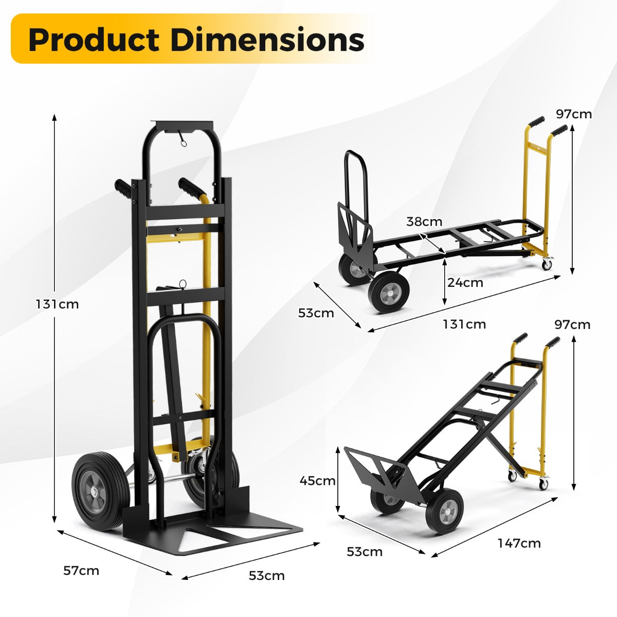 Livsk costway 3 in 1 opvouwbare metalen trolley met 4 rubberen wielen stevige transport trolley 450 kg capaciteit converteerbare trolley voor magazijn thuis 1 1