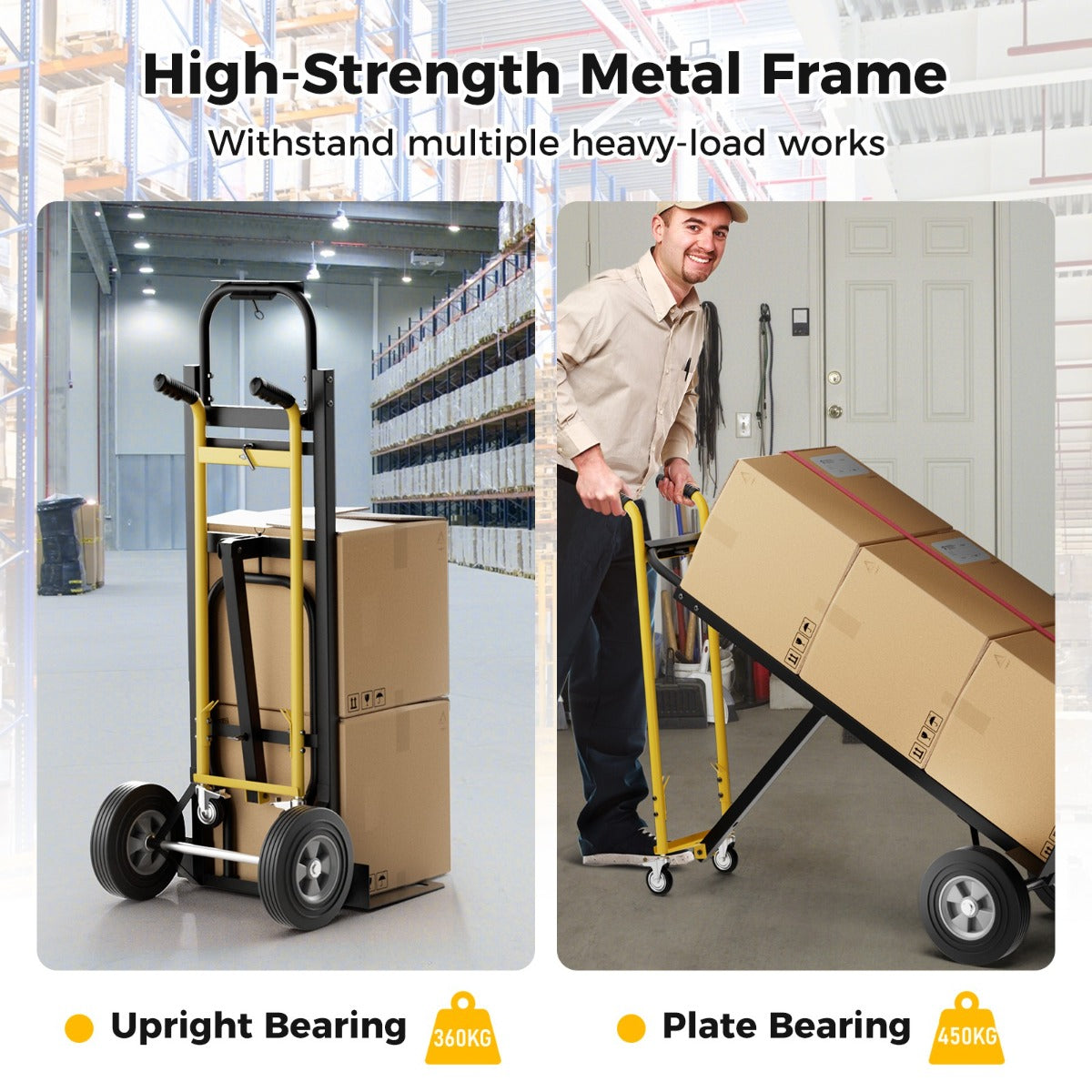 Livsk costway 3 in 1 opvouwbare metalen trolley met 4 rubberen wielen stevige transport trolley 450 kg capaciteit converteerbare trolley voor magazijn thuis 2