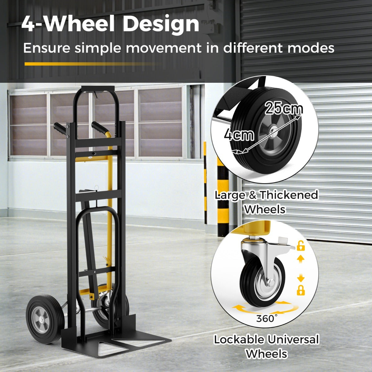 Livsk costway 3 in 1 opvouwbare metalen trolley met 4 rubberen wielen stevige transport trolley 450 kg capaciteit converteerbare trolley voor magazijn thuis 3