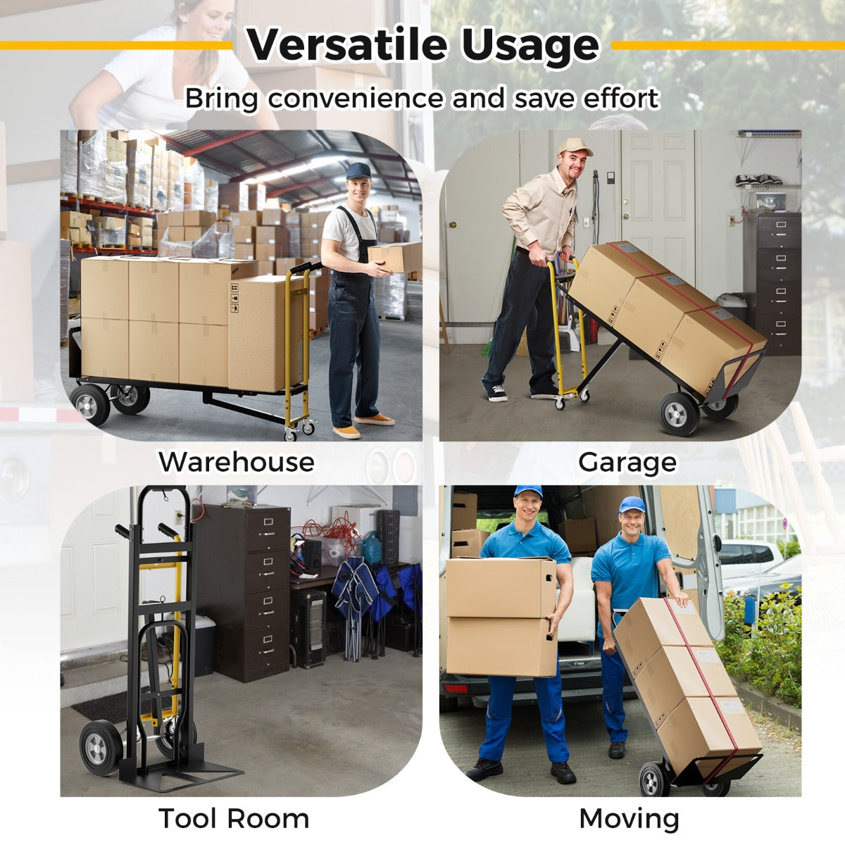 Livsk costway 3 in 1 opvouwbare metalen trolley met 4 rubberen wielen stevige transport trolley 450 kg capaciteit converteerbare trolley voor magazijn thuis 4