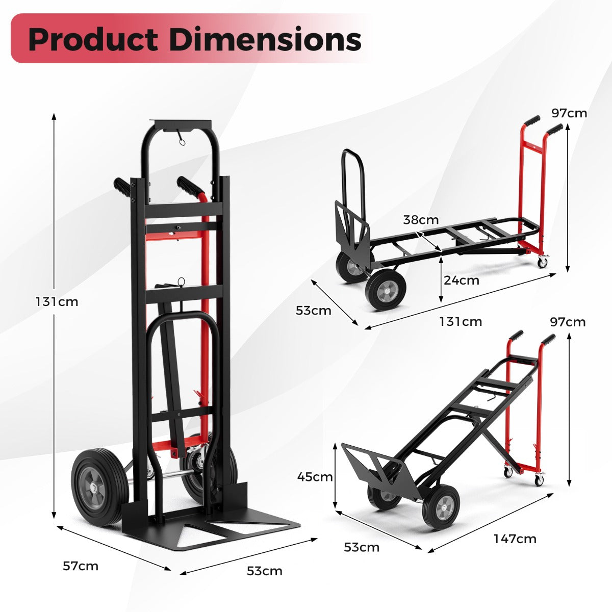 Livsk costway 3 in 1 opvouwbare metalen trolley met 4 rubberen wielen stevige transport trolley 450 kg capaciteit converteerbare trolley voor magazijn thuis rood 1 1