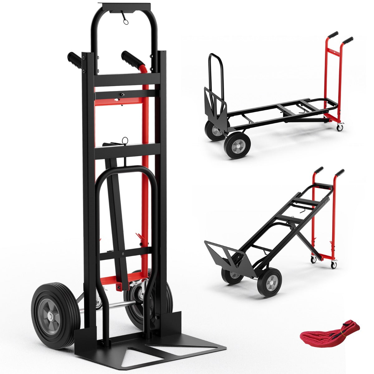 Livsk costway 3 in 1 opvouwbare metalen trolley met 4 rubberen wielen stevige transport trolley 450 kg capaciteit converteerbare trolley voor magazijn thuis rood