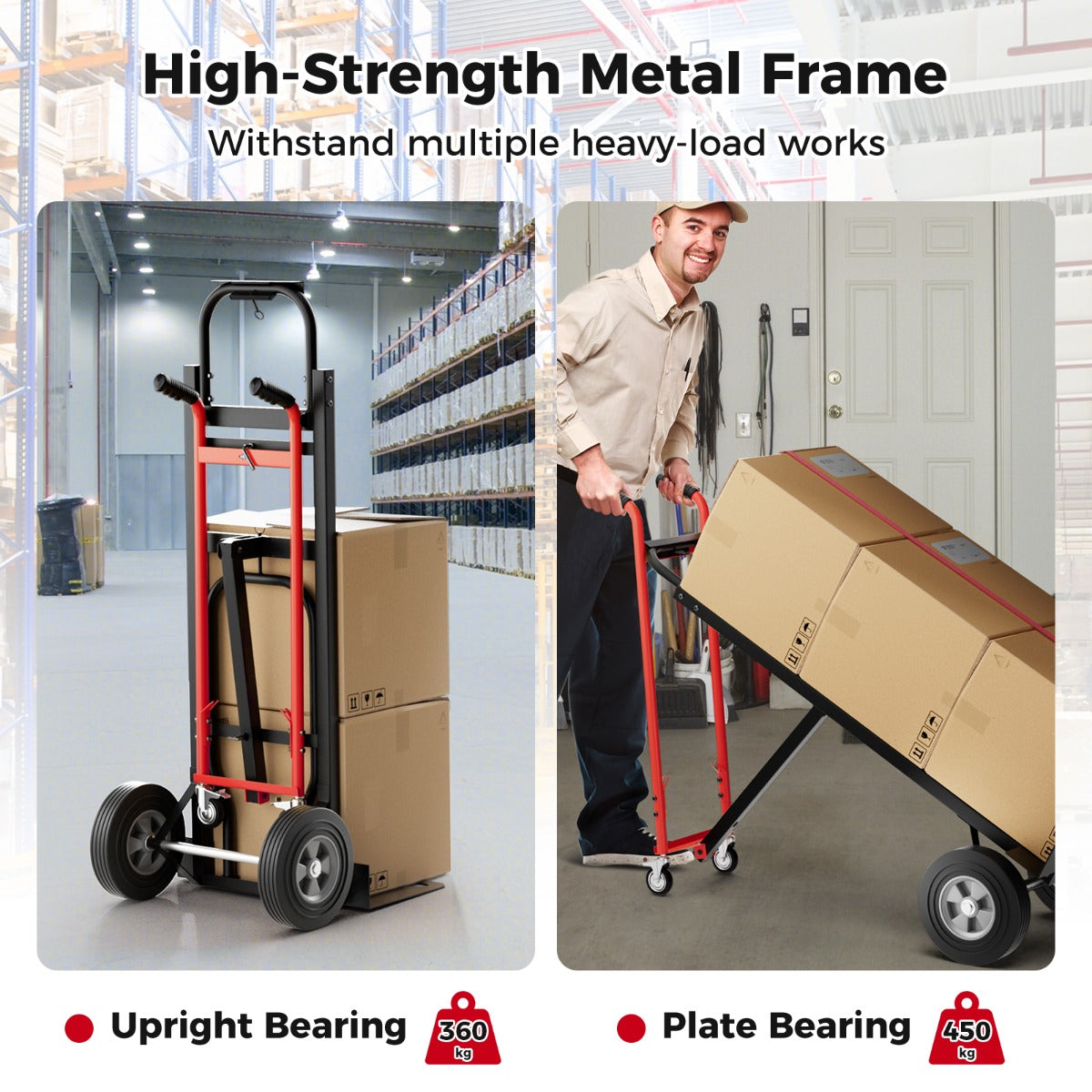 Livsk costway 3 in 1 opvouwbare metalen trolley met 4 rubberen wielen stevige transport trolley 450 kg capaciteit converteerbare trolley voor magazijn thuis rood 2