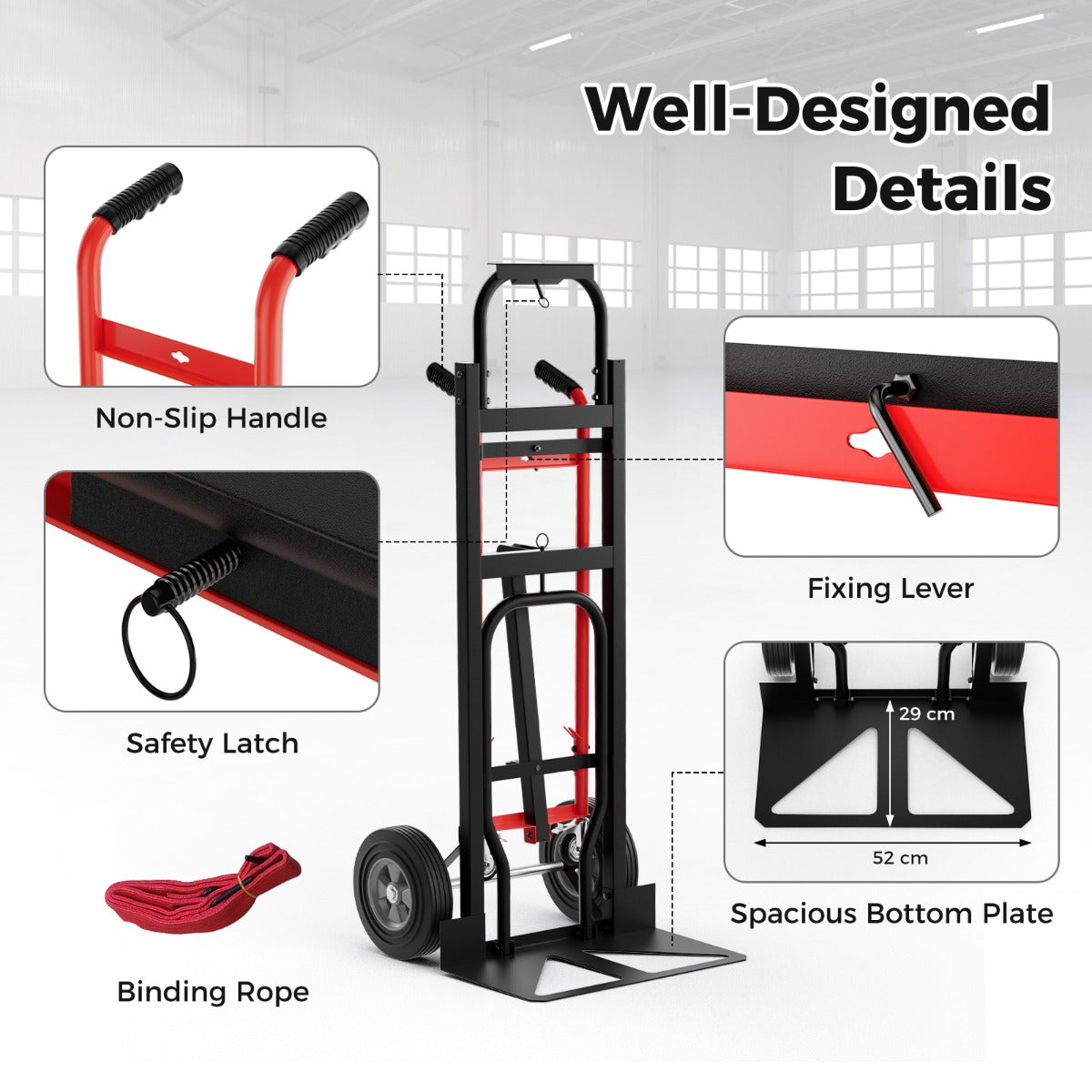 Livsk costway 3 in 1 opvouwbare metalen trolley met 4 rubberen wielen stevige transport trolley 450 kg capaciteit converteerbare trolley voor magazijn thuis rood 4