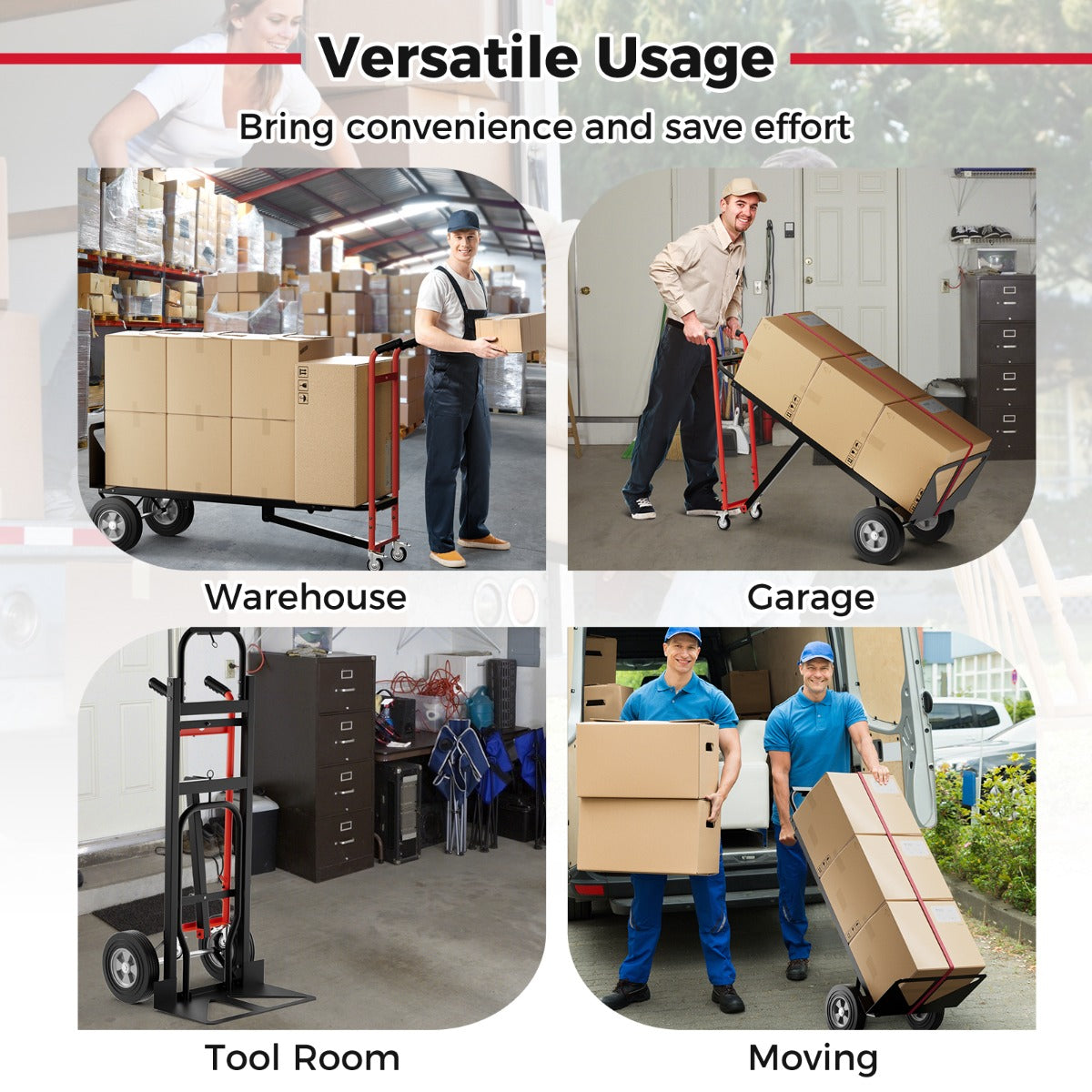 Livsk costway 3 in 1 opvouwbare metalen trolley met 4 rubberen wielen stevige transport trolley 450 kg capaciteit converteerbare trolley voor magazijn thuis rood 6