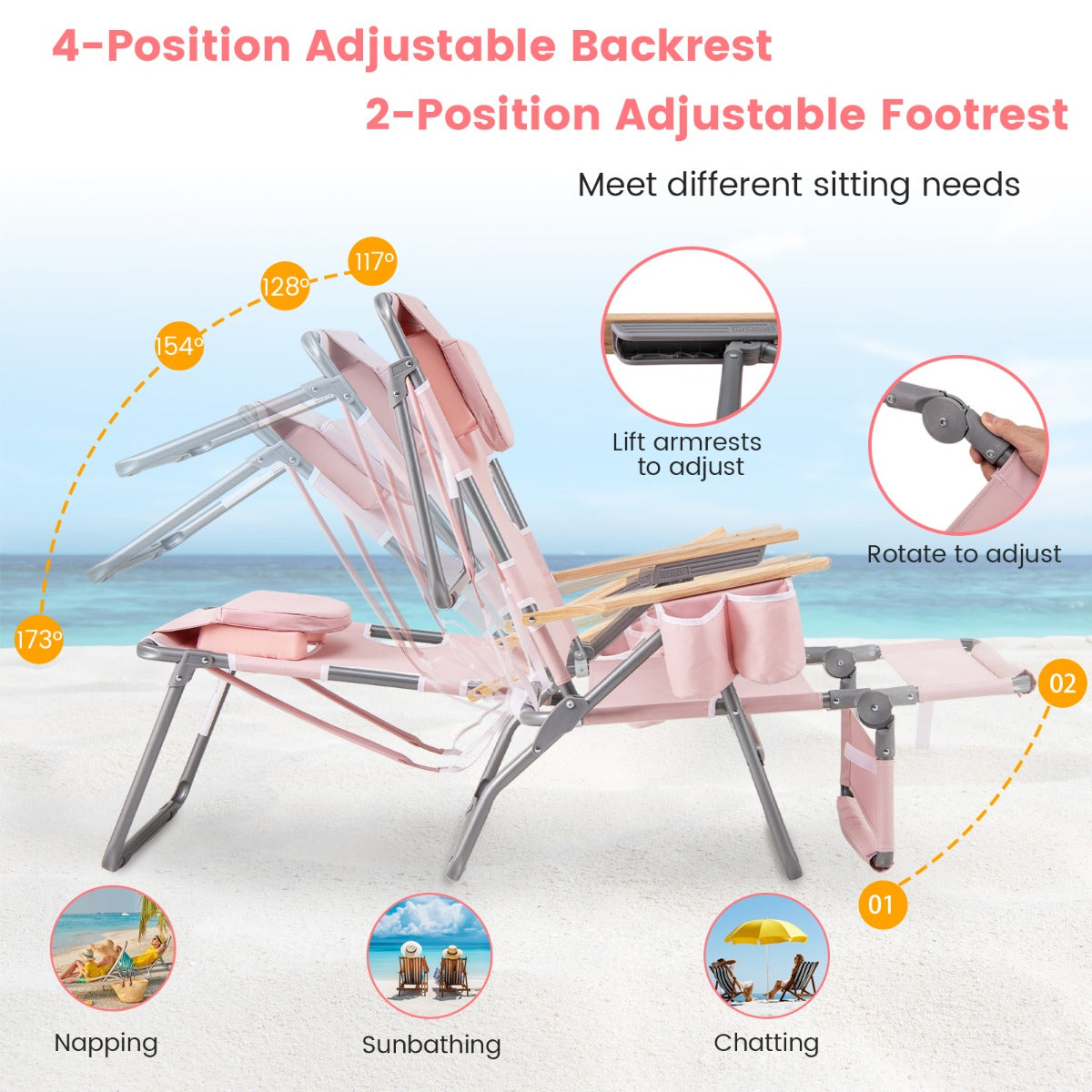 LIVSK 3-in-1 Strandstoel - Verstelbare Rugleuning - Opvouwbaar en Draagbaar - Bekerhouder en Handdoekhouder - Tot 150 kg - Roze