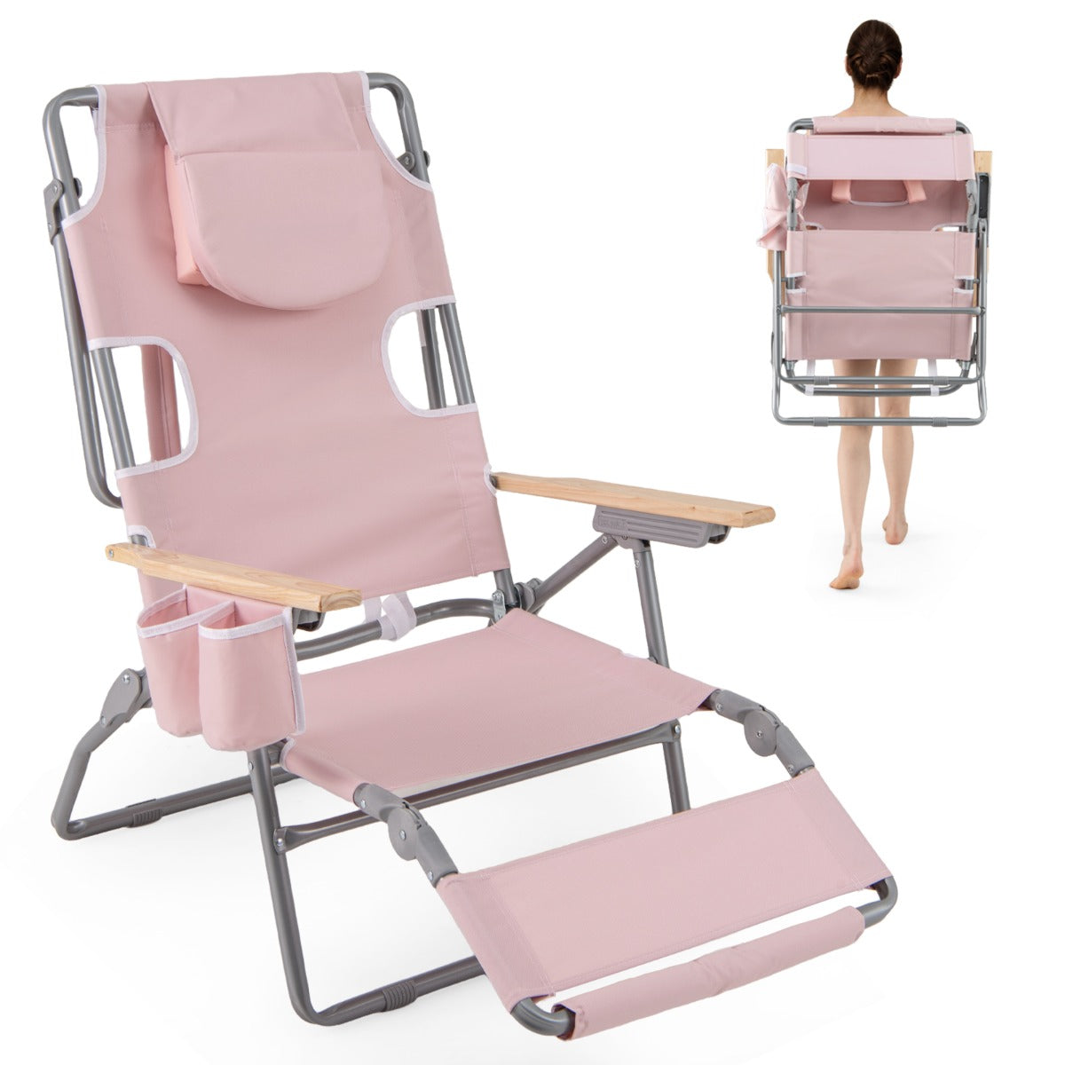 LIVSK 3-in-1 Strandstoel - Verstelbare Rugleuning - Opvouwbaar en Draagbaar - Bekerhouder en Handdoekhouder - Tot 150 kg - Roze