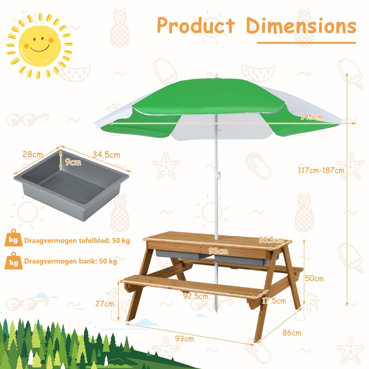 LIVSK 3-in-1 Kinderpicknicktafel - Om te bouwen tot Watertafel of Zandtafel - Afneembare Parasol - Voor 3-7 jaar - Natuurlijk+Wit