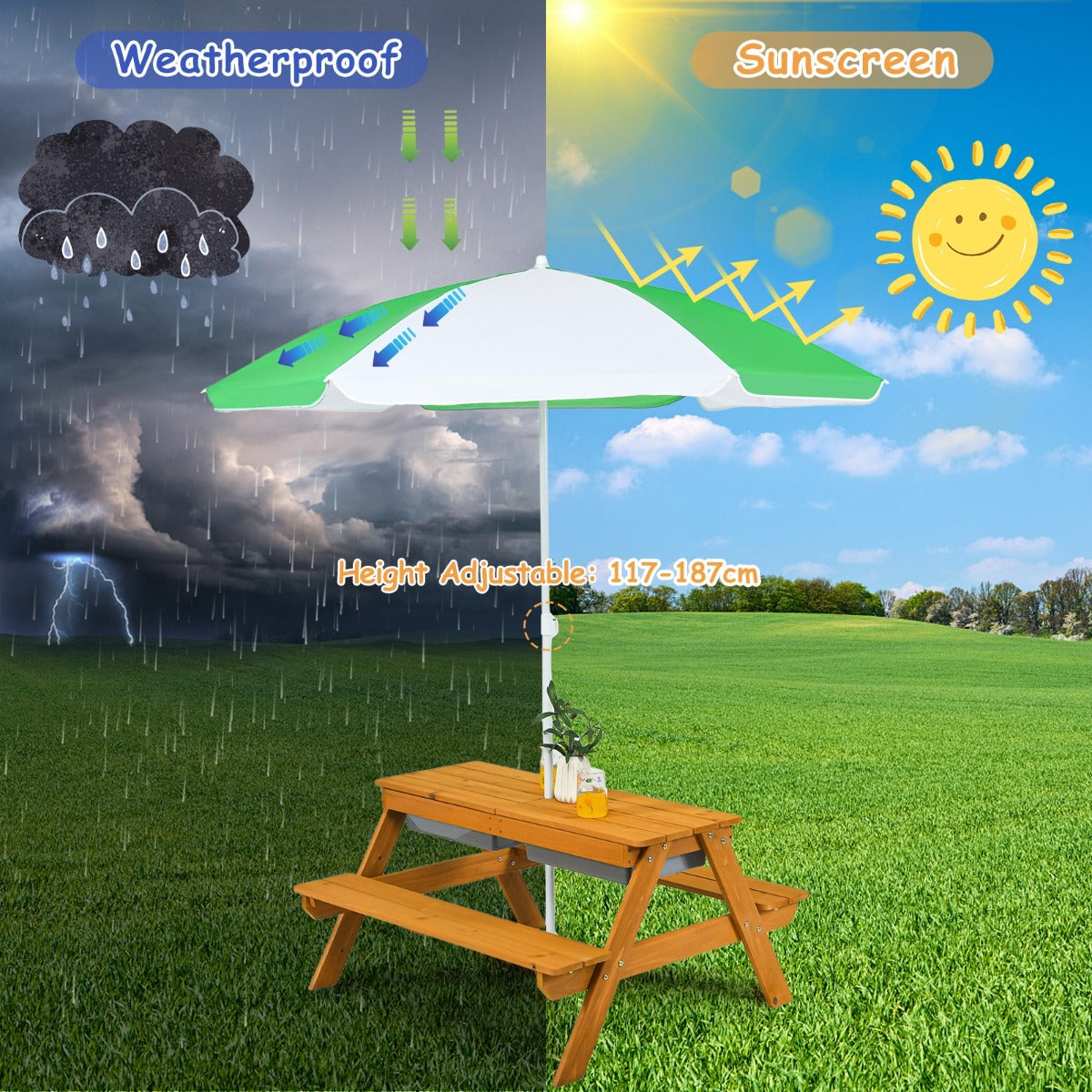 LIVSK 3-in-1 Kinderpicknicktafel - Om te bouwen tot Watertafel of Zandtafel - Afneembare Parasol - Voor 3-7 jaar - Natuurlijk+Wit