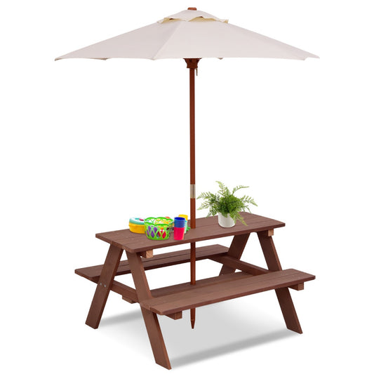 Livsk costway 3 in 1 picknicktafel voor kinderen buitenactiviteitentafel met afneembare paraplu en houten banken knutseltafel voor tuin huis gazon