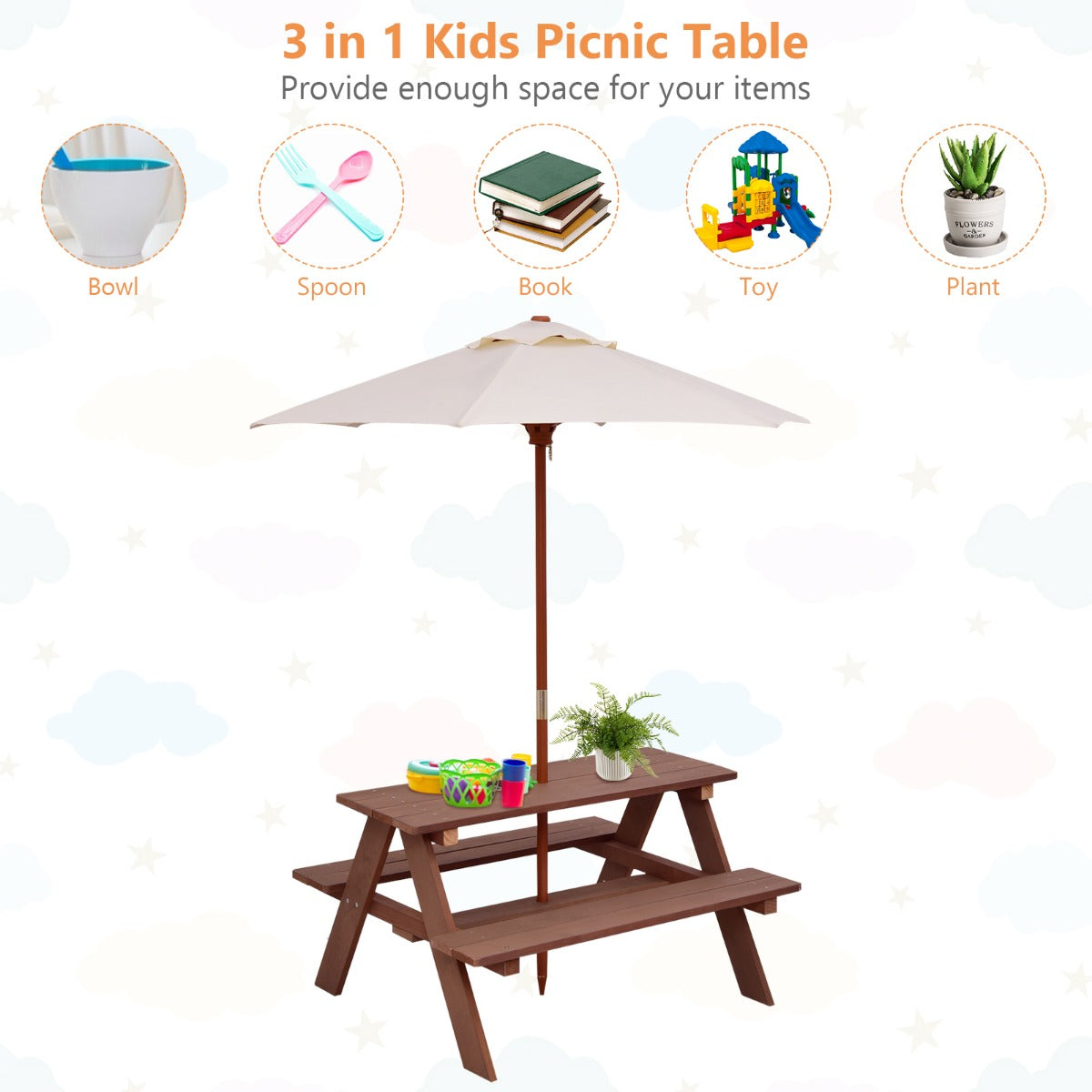 Livsk costway 3 in 1 picknicktafel voor kinderen buitenactiviteitentafel met afneembare paraplu en houten banken knutseltafel voor tuin huis gazon