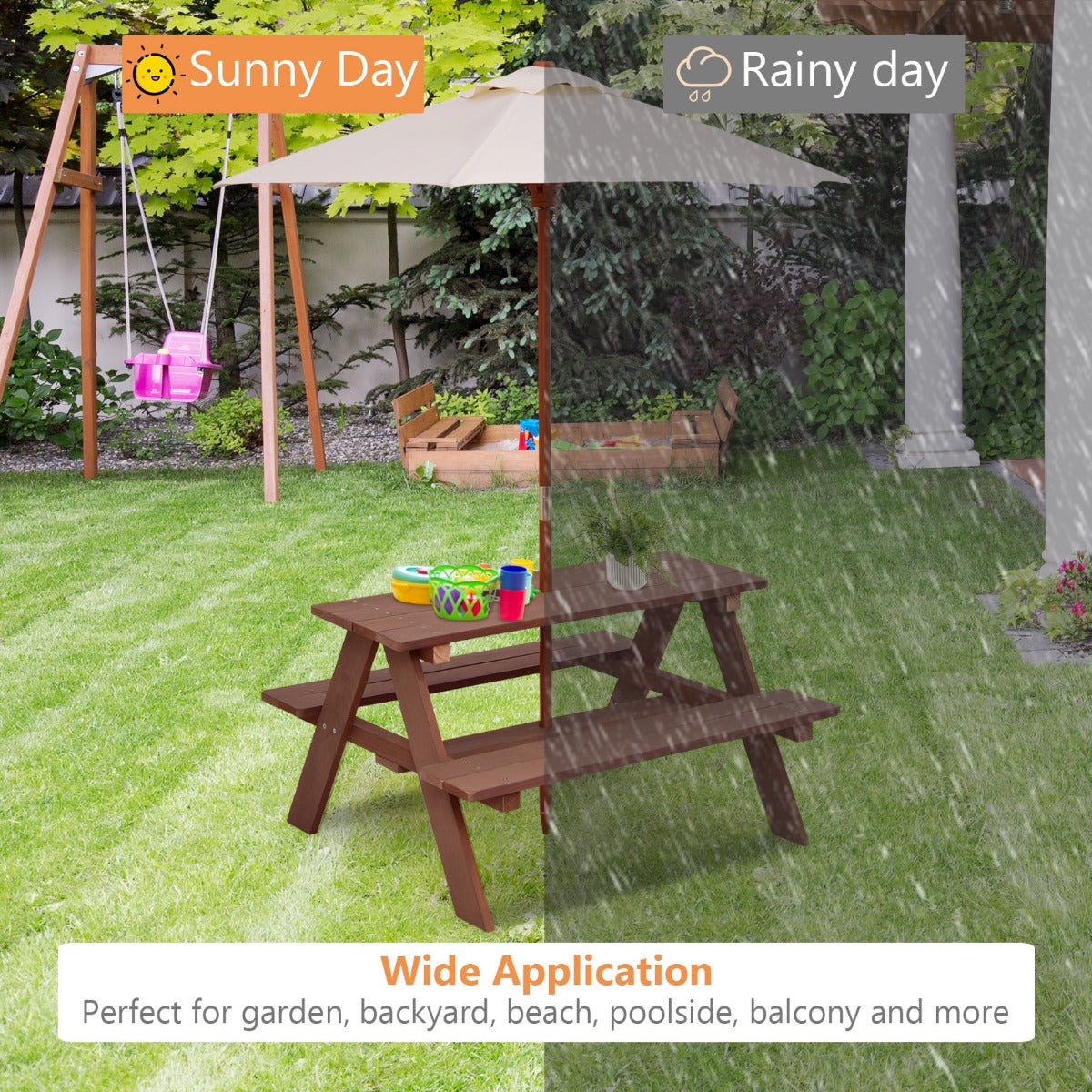 Livsk costway 3 in 1 picknicktafel voor kinderen buitenactiviteitentafel met afneembare paraplu en houten banken knutseltafel voor tuin huis gazon