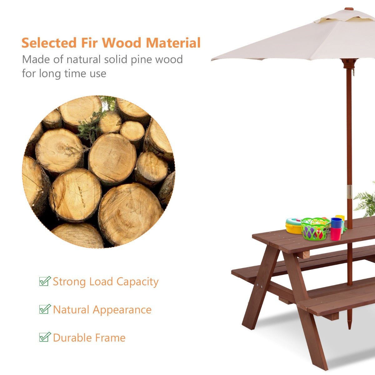 Livsk costway 3 in 1 picknicktafel voor kinderen buitenactiviteitentafel met afneembare paraplu en houten banken knutseltafel voor tuin huis gazon