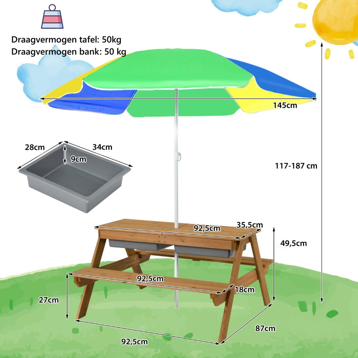 Livsk costway 3 in 1 picknicktafelset met parasol en banken voor kinderen kindermeubelset voor tuin achtertuin terras speeltafel kleurrijk 1