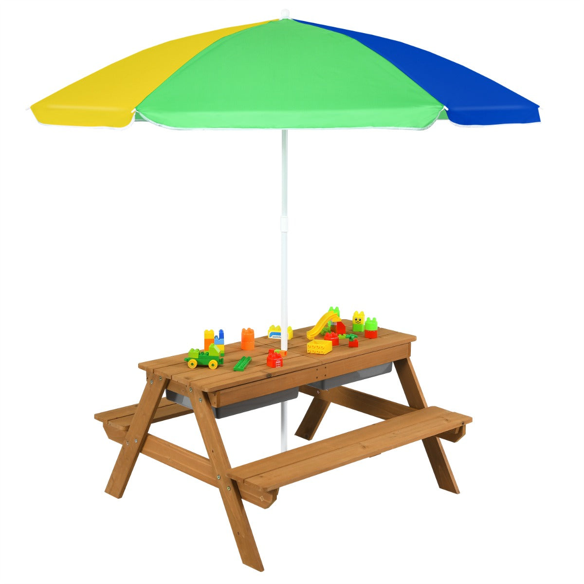 Livsk costway 3 in 1 picknicktafelset met parasol en banken voor kinderen kindermeubelset voor tuin achtertuin terras speeltafel kleurrijk