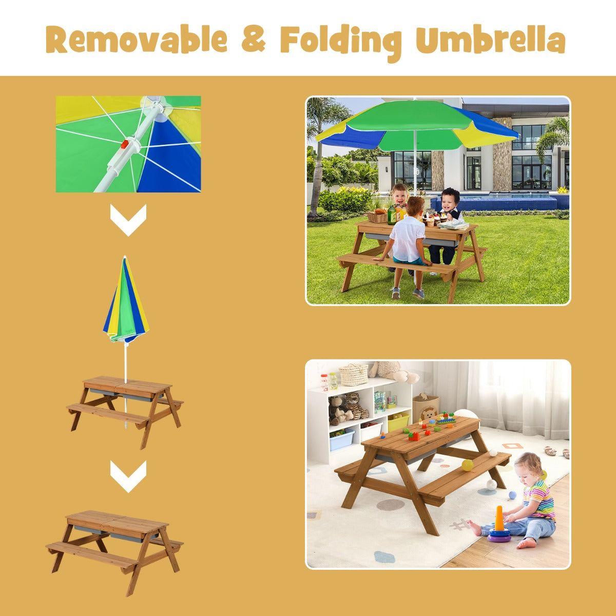 Livsk costway 3 in 1 picknicktafelset met parasol en banken voor kinderen kindermeubelset voor tuin achtertuin terras speeltafel kleurrijk