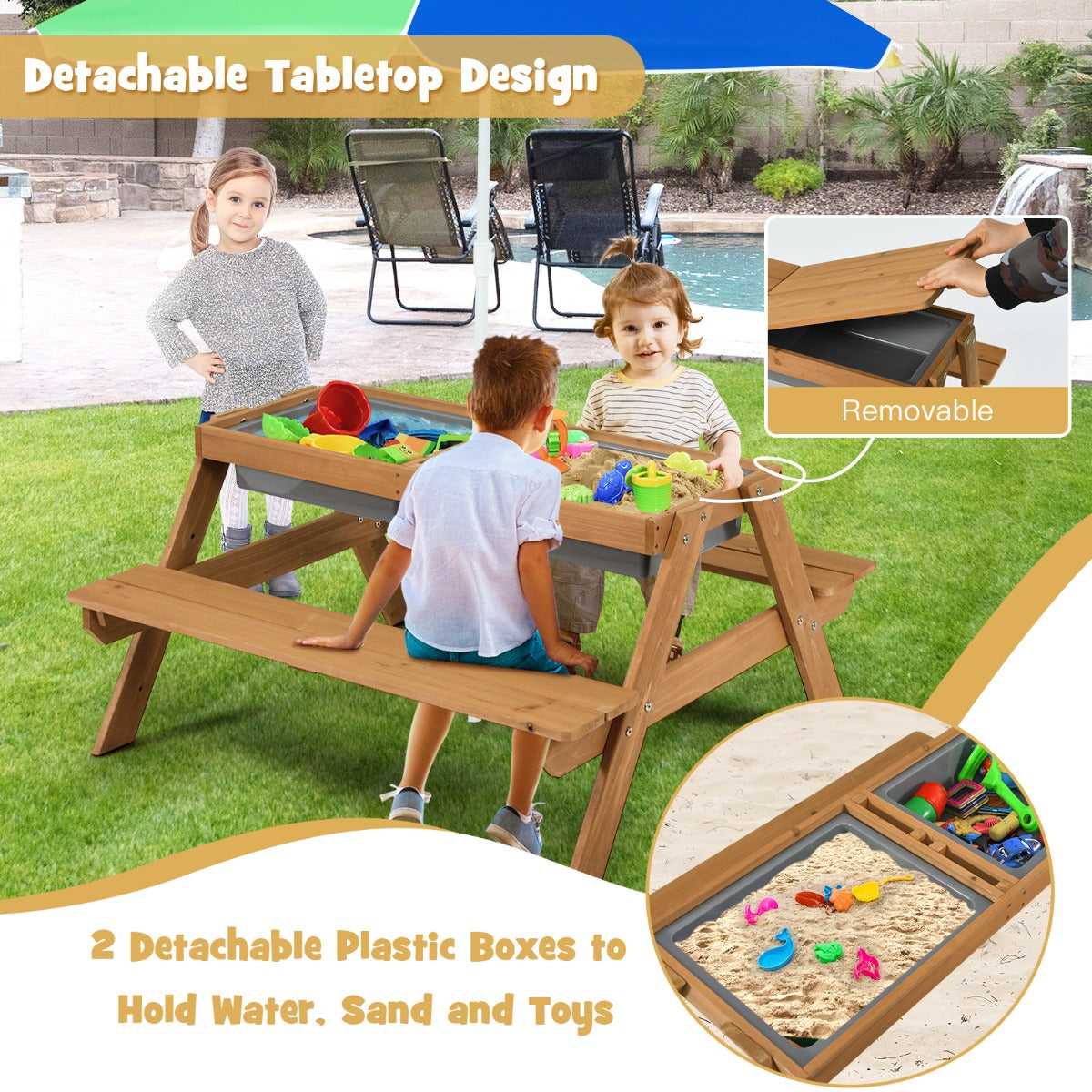 Livsk costway 3 in 1 picknicktafelset met parasol en banken voor kinderen kindermeubelset voor tuin achtertuin terras speeltafel kleurrijk