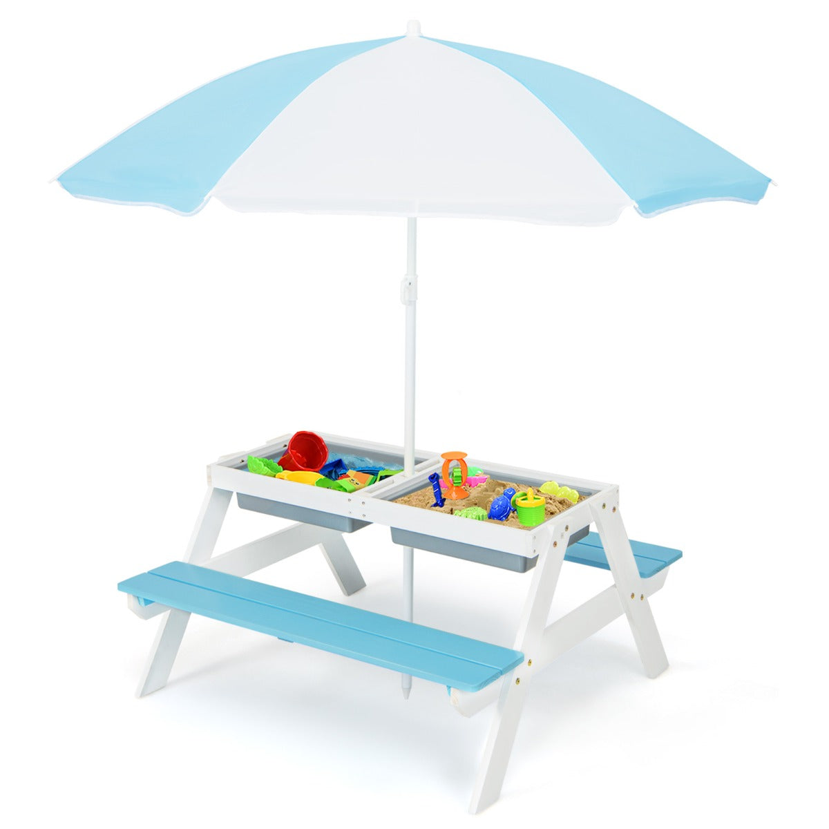 Livsk costway 3 in 1 picknicktafelset met parasol en banken voor kinderen kindermeubelset voor tuin achtertuin terras speeltafel multicolor