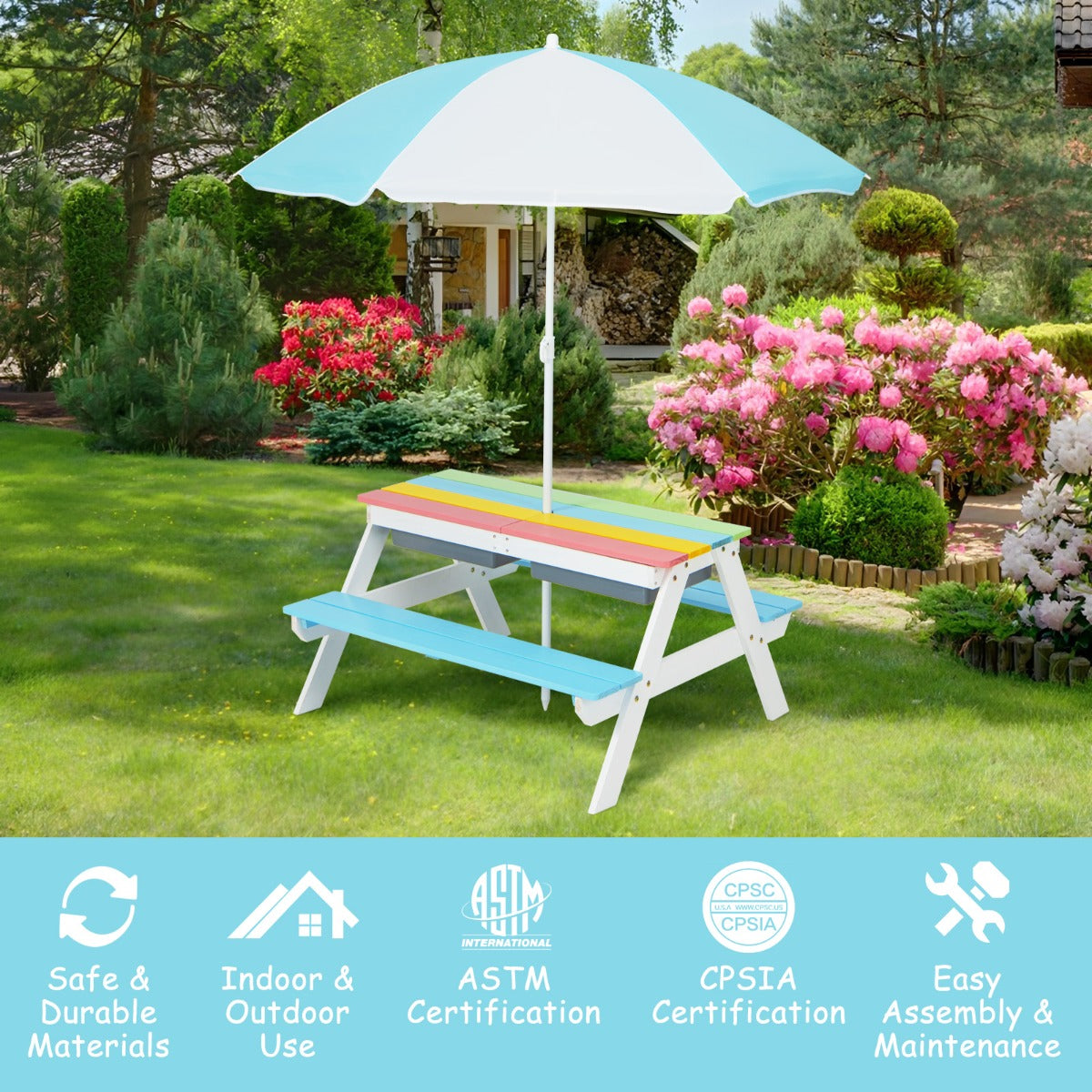 Livsk costway 3 in 1 picknicktafelset met parasol en banken voor kinderen kindermeubelset voor tuin achtertuin terras speeltafel multicolor