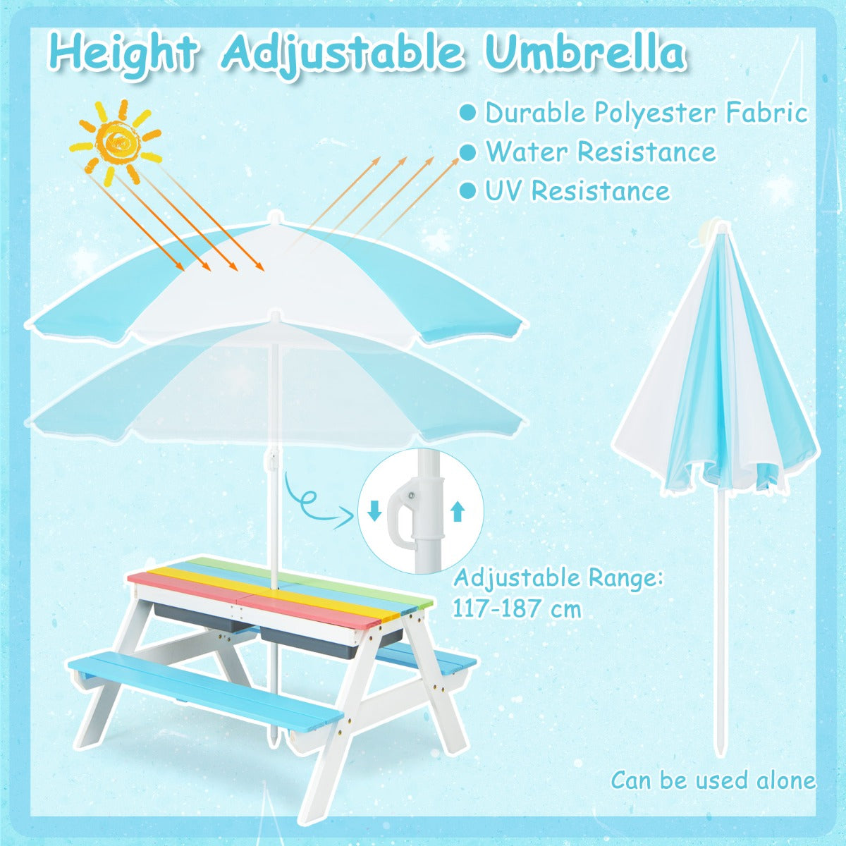 Livsk costway 3 in 1 picknicktafelset met parasol en banken voor kinderen kindermeubelset voor tuin achtertuin terras speeltafel multicolor