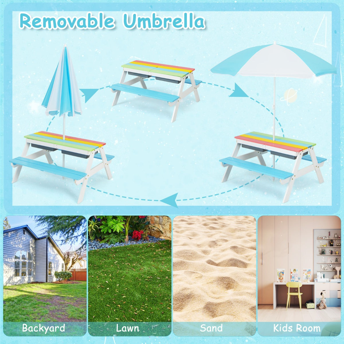 Livsk costway 3 in 1 picknicktafelset met parasol en banken voor kinderen kindermeubelset voor tuin achtertuin terras speeltafel multicolor