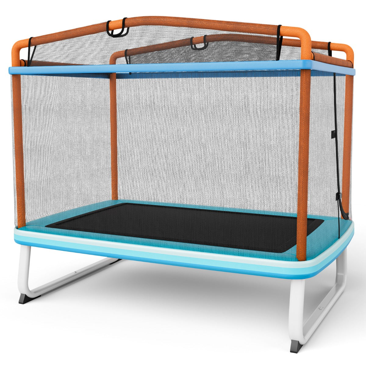 LIVSK 3-in-1 Kindertrampoline met Schommel - Rechthoekig - Veiligheidsnet - Voor Kleine Tuinen - Tot 100 kg - Blauw + Oranje
