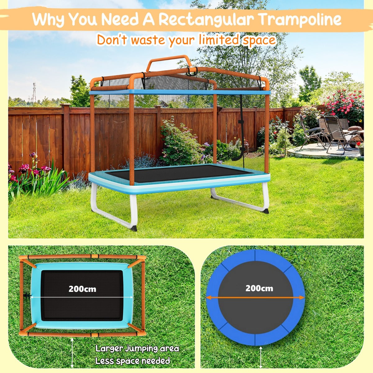 LIVSK 3-in-1 Kindertrampoline met Schommel - Rechthoekig - Veiligheidsnet - Voor Kleine Tuinen - Tot 100 kg - Blauw + Oranje