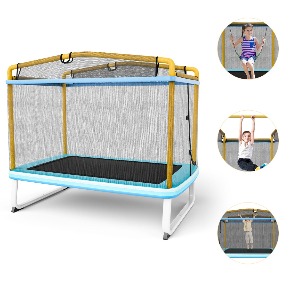 LIVSK Kindertrampoline met Afneembare Schommel - Rechthoekig met Veiligheidsnet - Robuust Metaal - Tot 100 kg - Blauw + Geel