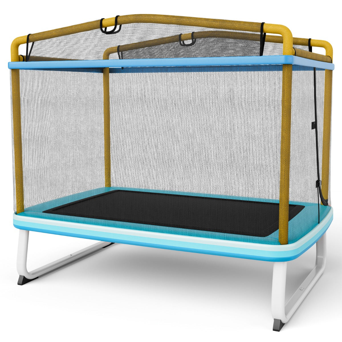 LIVSK Kindertrampoline met Afneembare Schommel - Rechthoekig met Veiligheidsnet - Robuust Metaal - Tot 100 kg - Blauw + Geel