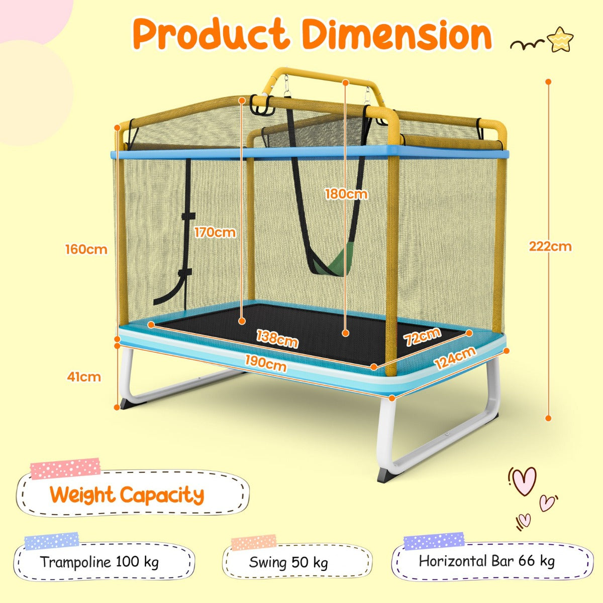 LIVSK Kindertrampoline met Afneembare Schommel - Rechthoekig met Veiligheidsnet - Robuust Metaal - Tot 100 kg - Blauw + Geel