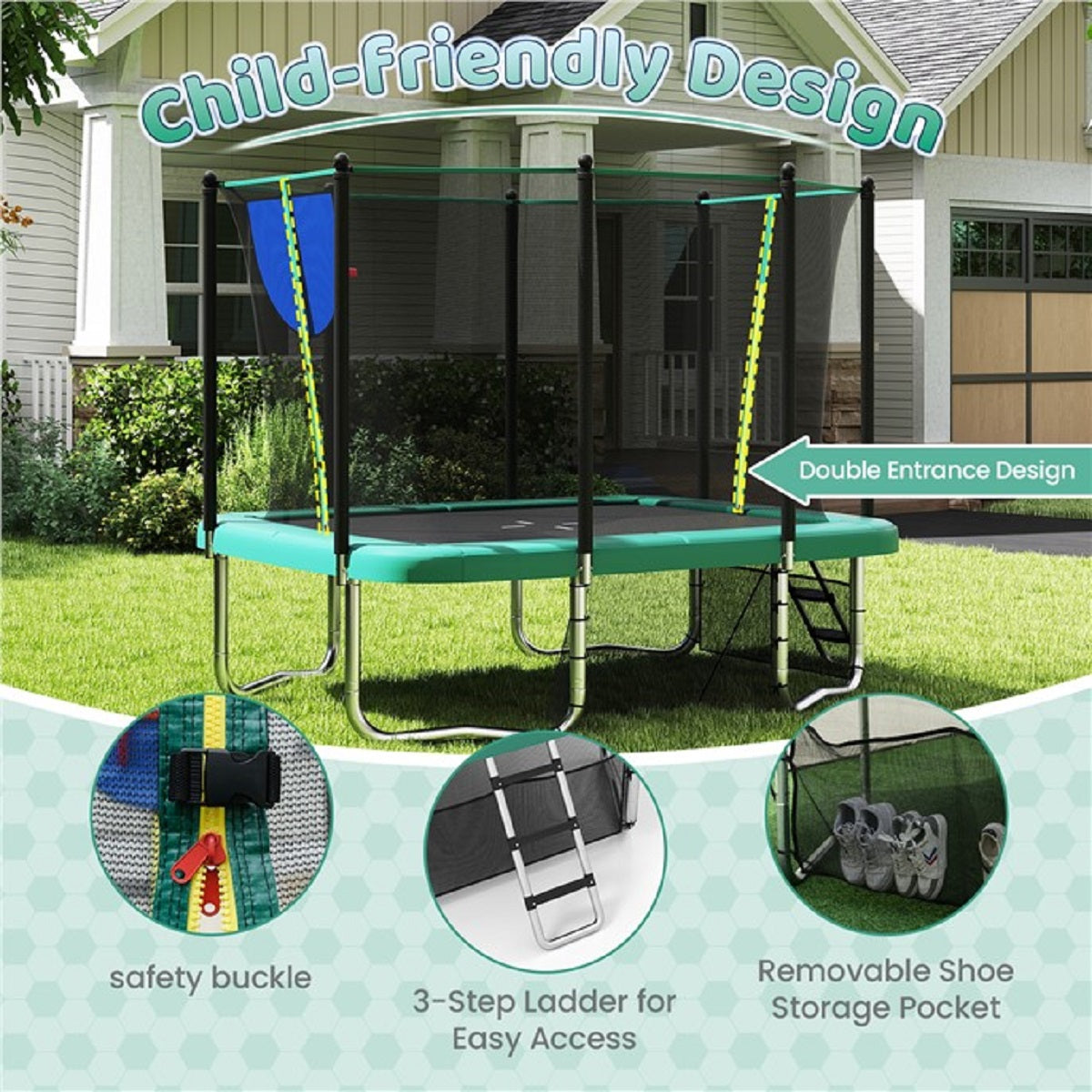 LIVSK Trampoline Set met Basketbalring en Voetbaldoel - Veiligheidsnet en Antikollisieschuim - Tot 500 kg - 317 x 255 x 270 cm -
